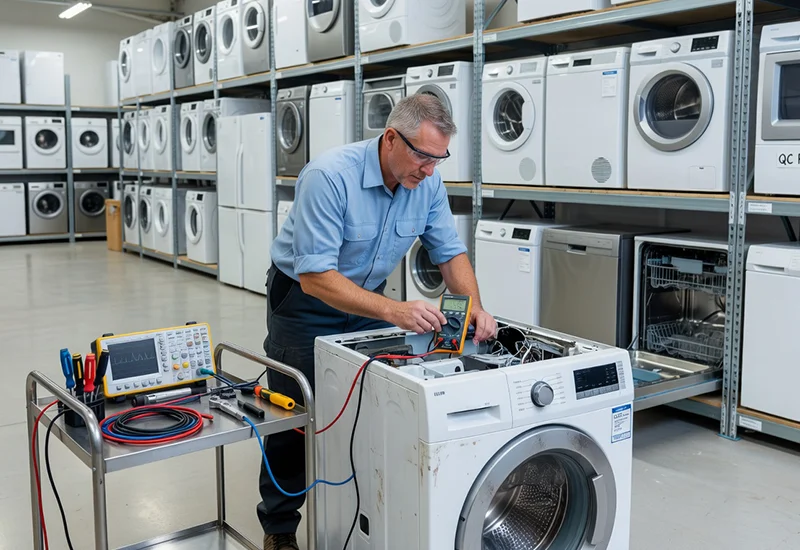 Appliance technician inspecting and testing a refurbished unit in our warehouse