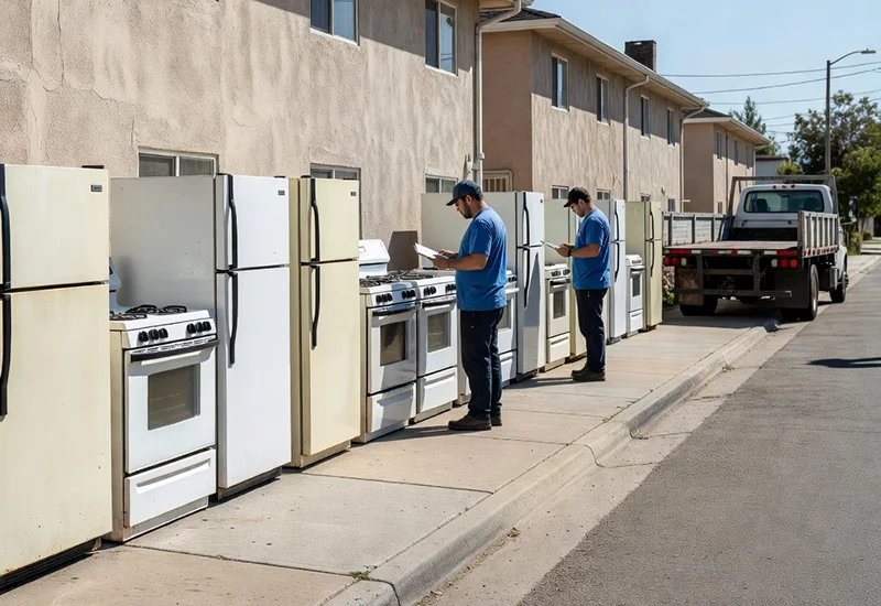 Multiple appliances lined up outside an apartment building for bulk removal