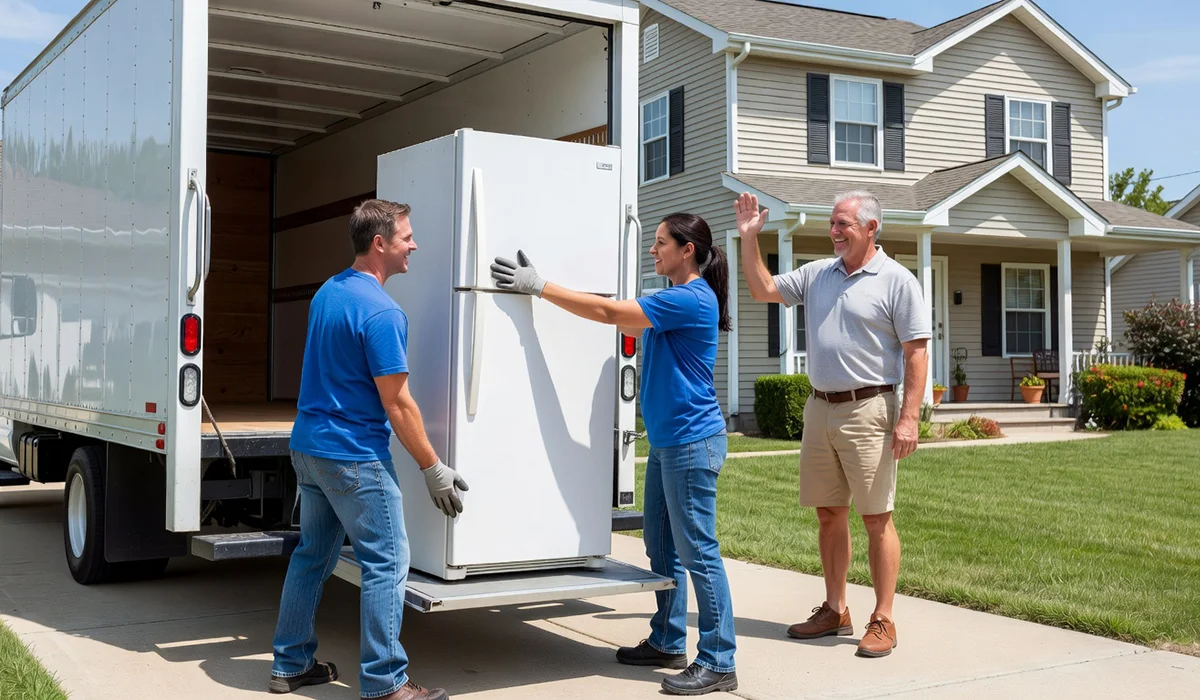 Affordable Appliances crew loading an old appliance onto their truck for free haul-away