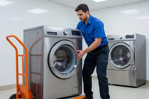 Technician loading a washing machine onto a truck for free pickup