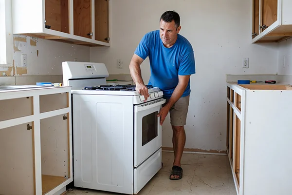 Worker sliding a freestanding stove out of a kitchen for removal
