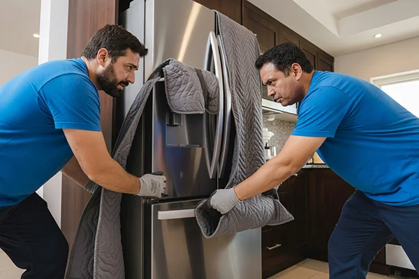 Two workers carefully removing a refrigerator from a home